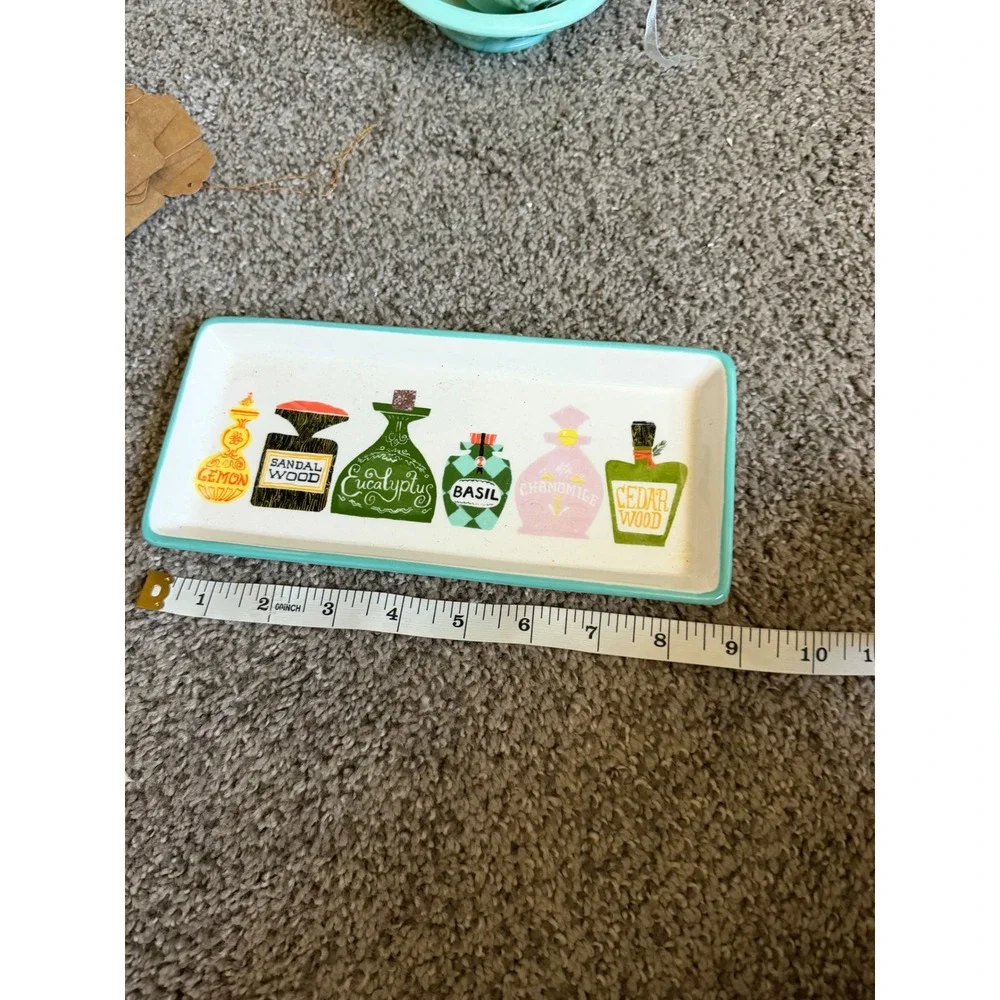 Danielle Kroll Magenta Apothecary Bottle Ceramic Vanity Tray Turquoise Rim 9x4